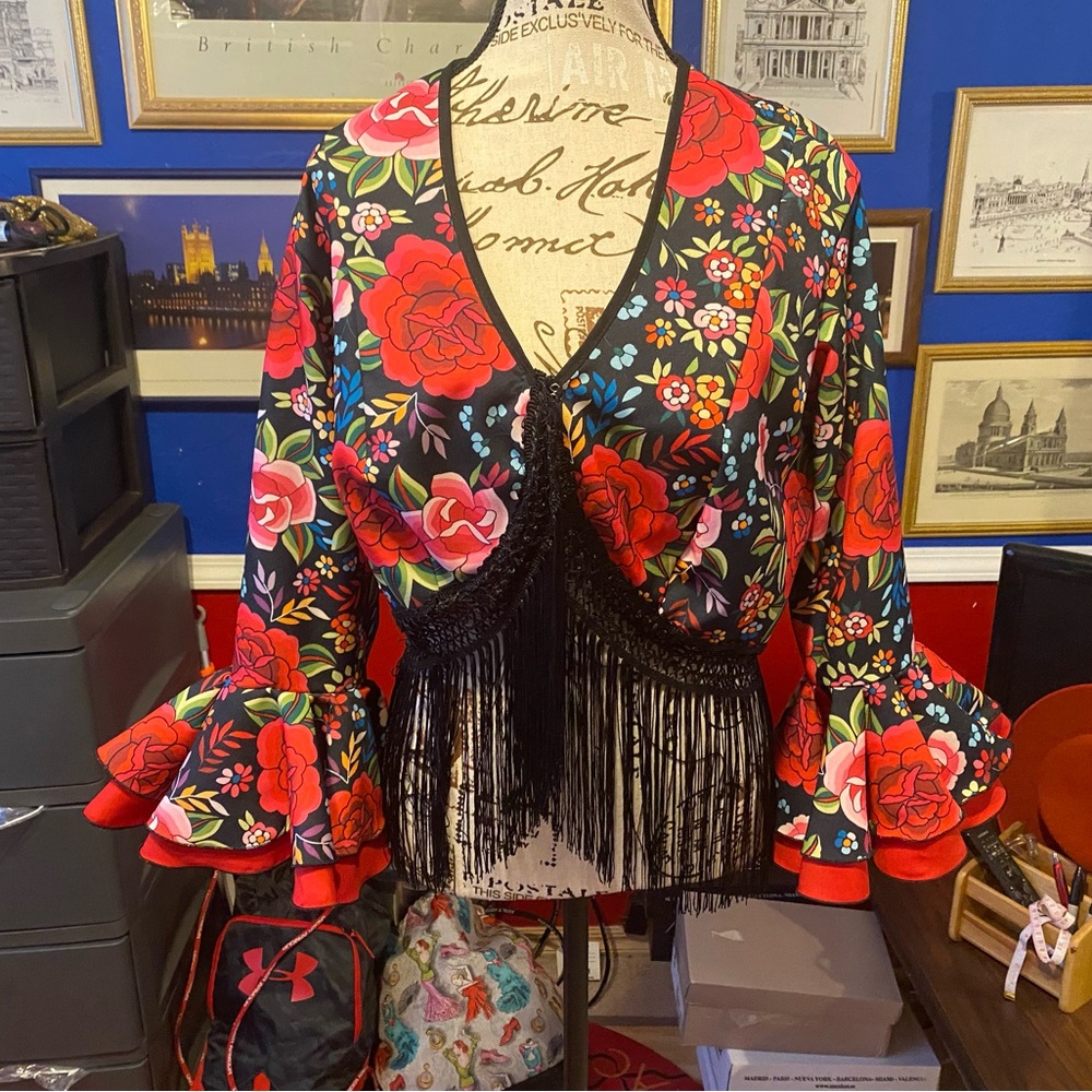 XL Flamenco Topper NWT Floral Fringe-MADE IN SPAIN